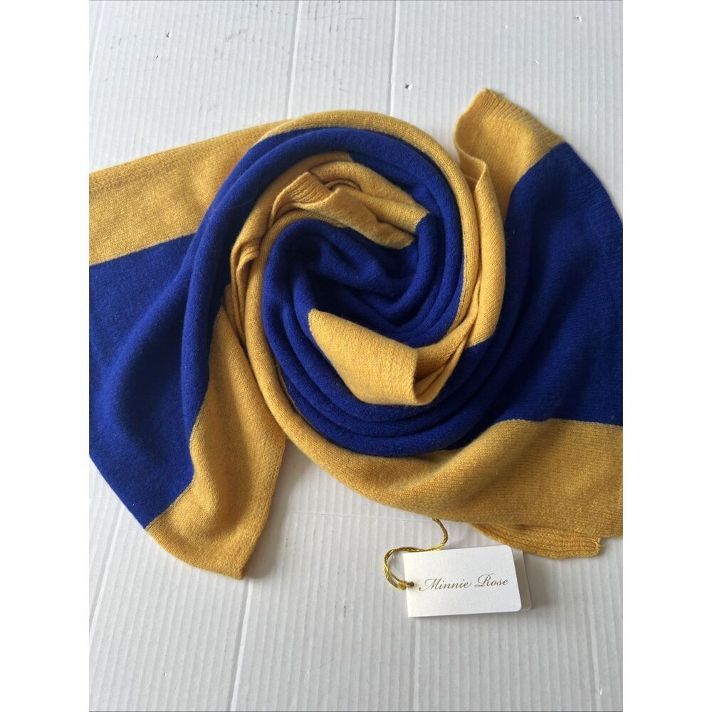 Minnie Rose Unisex 100%Cashmere Color Blocked Sport Scarf Blue/Bright Yellow NWT